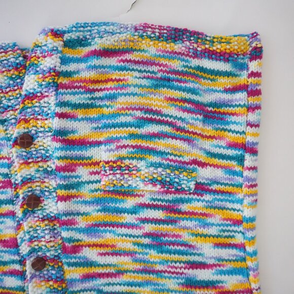 Handknit Multicolor Painterly Stripe Button Front Chunky FolkArt Knit Cardigan M - Picture 7 of 10